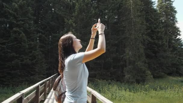 Mulher jovem tirando foto por Smartphone na frente de Mountain Lake. Menina branca bonita que gasta o tempo em uma floresta do moutain — Vídeo de Stock