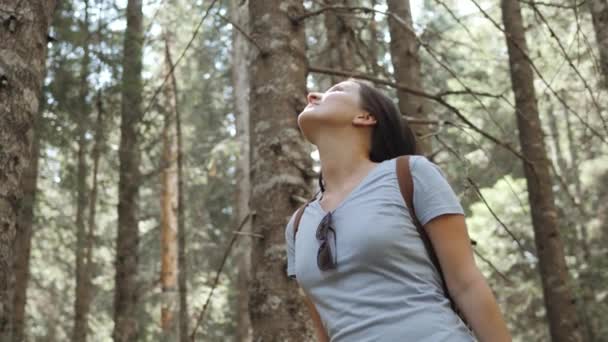 Портрет счастливой женщины в лесу, девушка наслаждаться лесом, турист с рюкзаком в национальном парке, путешествия образ жизни — стоковое видео