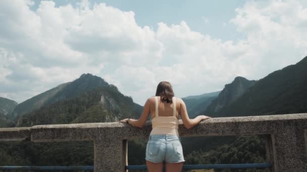 Voltar Vista da menina turística em pé na ponte Djurdjevic Em Montenegro, Viagens Estilo de Vida — Vídeo de Stock