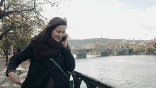 Beautiful Young Woman Tourist In Prague Using Her Smartphone, Travelling Concept — Stock Video