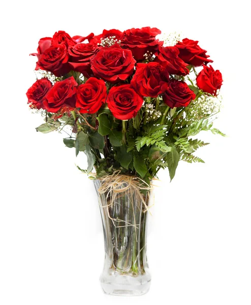 Bouquet of blossoming dark red roses in vase isolated on white b — Stock Photo, Image