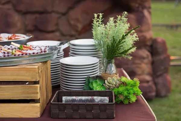 Tablo gıda, tabak ve yeşil bahçe piknik parti ile dekore edilmiş.