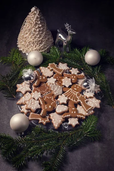 Baked Gingerbreads Icing Plate Christmas — Stock Photo, Image