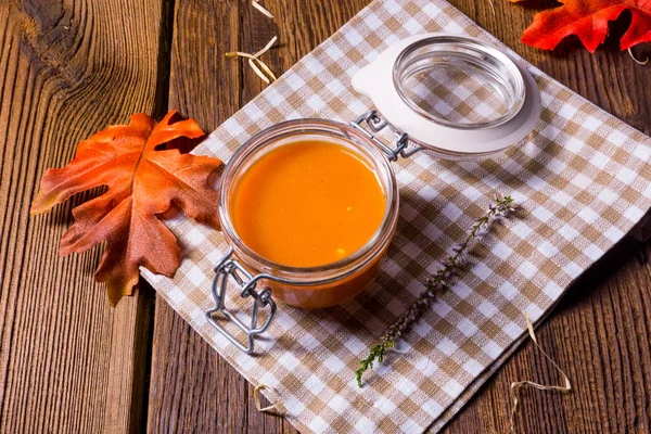 Squash Soup Jar Towel Wooden Table — Stock Photo, Image