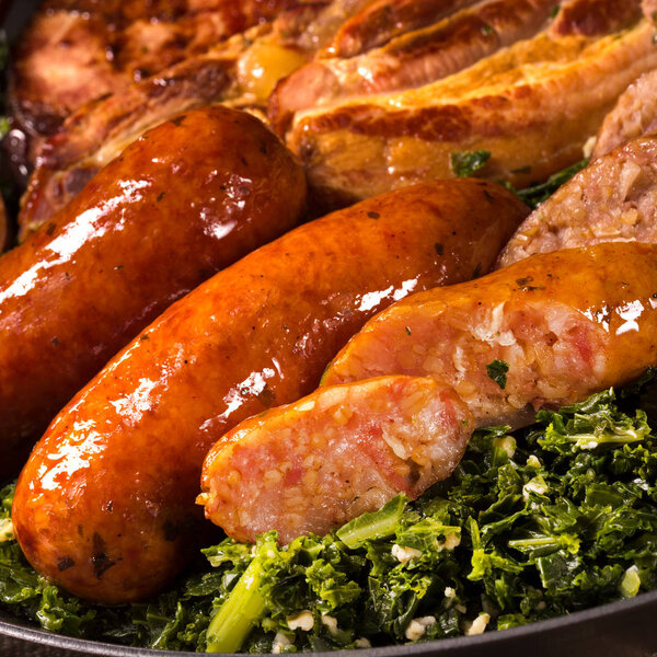 close up of smoked sausages (winter gruenkohl)