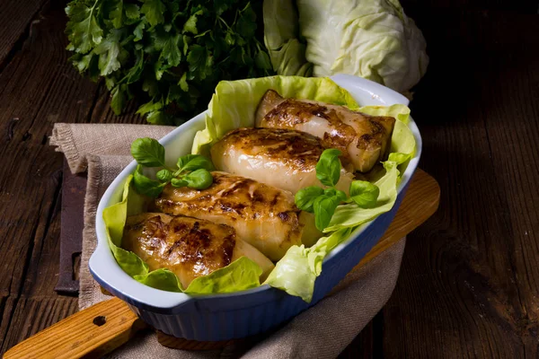 Roasted Cabbage Plate Wooden Table — Stock Photo, Image