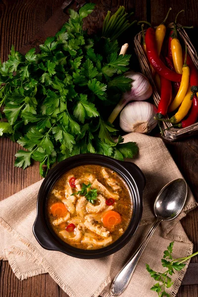 Polish Flaczki soup in saucepan — Stock Image Polish Flaczki soup in saucepan Stock Image