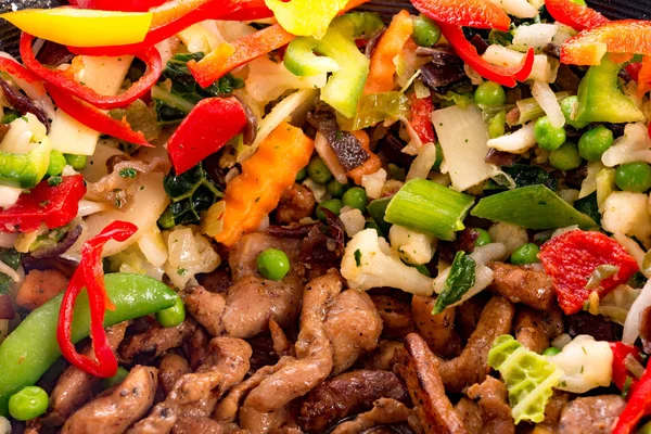 Leckere Wok Gerichte Mit Fleisch Aus Nächster Nähe — Stockfoto