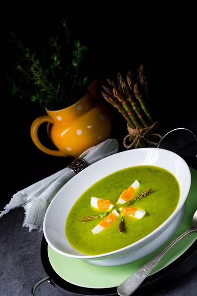 Asparagus cream soup with egg — Stock Photo, Image