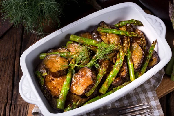 Baked Eggplant Green Asparagus White Casserole Dish — Stock Photo, Image