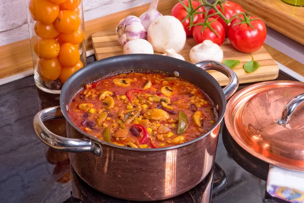 Chili con Carne in saucepan — Stock Photo, Image