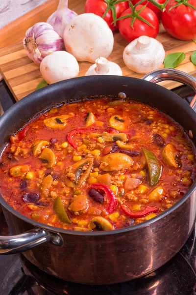 Chili con Carne in saucepan — Stok fotoğraf