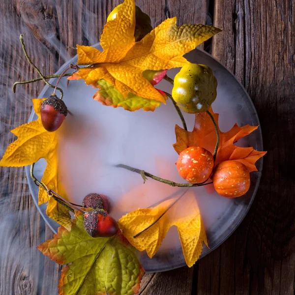 Autumn leaves on plate — Stock Photo, Image