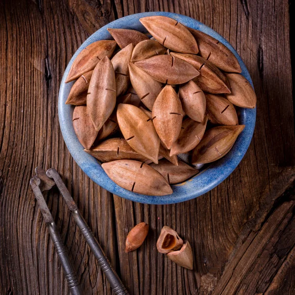 Pili nuts  in blue bowl — Stock Photo, Image