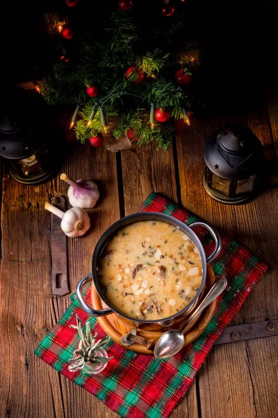 Christmas cep-walnut soup in sauce pan — Stock Image Christmas Cep Walnut Soup Sauce Pan Royalty Free Stock Photos