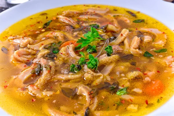 Tasty Polish Flaczki, delicious Tripe soup (traditional Polish meat stew) — Stock Image Tasty Polish Flaczki Delicious Tripe Soup Traditional Polish Meat Stew Stock Photo