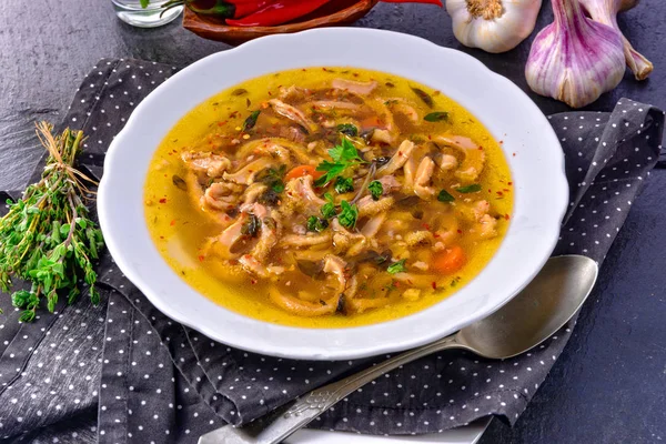 Tasty Polish Flaczki, delicious Tripe soup (traditional Polish meat stew) — Stock Image Tasty Polish Flaczki Delicious Tripe Soup Traditional Polish Meat Stew Stock Photo