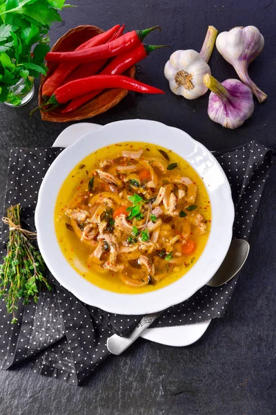 Tasty Polish Flaczki, delicious Tripe soup (traditional Polish meat stew) — Stock Image Tasty Polish Flaczki Delicious Tripe Soup Traditional Polish Meat Stew Stock Image