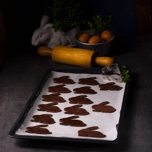 Homemade Chocolate Rabbits Tray Easter Food — Stock Photo, Image