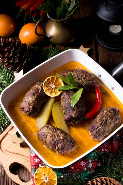 Delicious Beef Rolls Sauce Oven — Stock Photo, Image