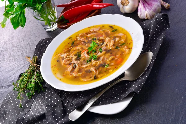 Tasty Polish Flaczki, delicious Tripe soup (traditional Polish meat stew) — Stock Image Tasty Polish Flaczki Delicious Tripe Soup Traditional Polish Meat Stew Stock Picture