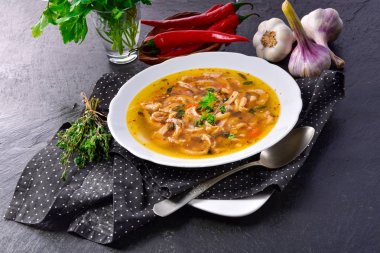 Tasty Polish Flaczki, delicious Tripe soup (traditional Polish meat stew) clipart