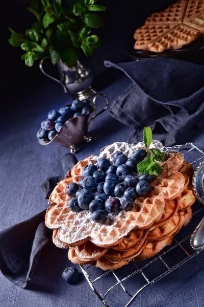 Crispy Tasty Waffles Delicious Dessert Blueberries — Stock Photo, Image