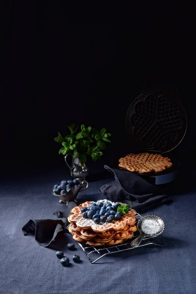 Crispy Tasty Waffles Delicious Dessert Blueberries — Stock Photo, Image