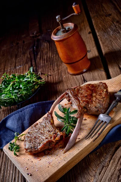Delicious Grilled Lamb Chops Wooden Board — Stock Photo, Image