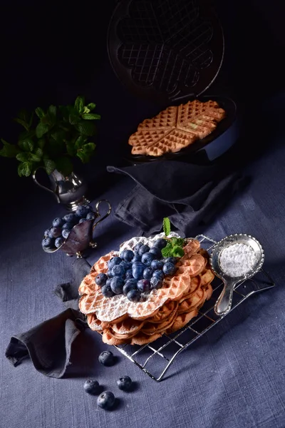 Crispy Tasty Waffles Delicious Dessert Blueberries — Stock Photo, Image
