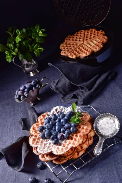 Crispy Tasty Waffles Delicious Dessert Blueberries — Stock Photo, Image