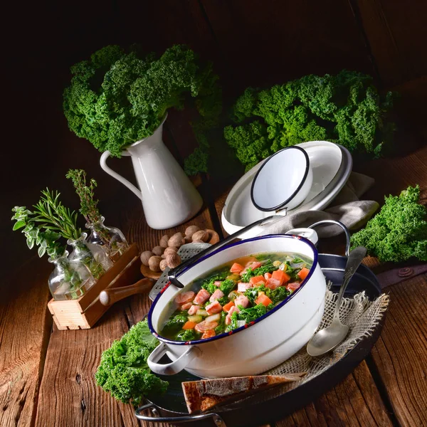 Heerlijke Boerenkool Soep Gezond Diner — Stockfoto