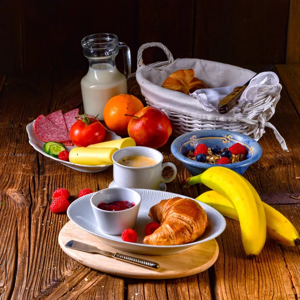 Delicious Breakfast Croissant Fruits Coffee Porridge — Stock Photo, Image