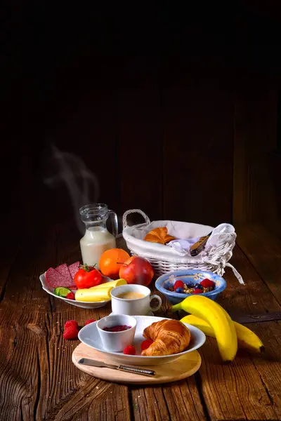 Delicious Breakfast Croissant Fruits Coffee Porridge — Stock Photo, Image