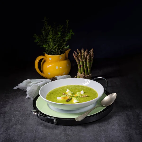 Fresh green wild garlic soup with egg — Stock Image Fresh Green Wild Garlic Soup Egg Stock Image