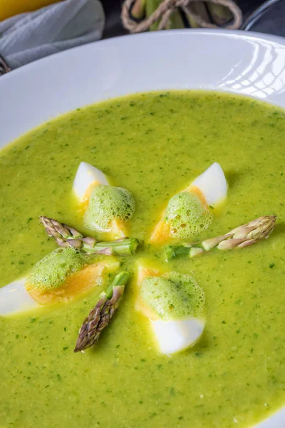 Fresh green wild garlic soup with egg — Stock Image Fresh Green Wild Garlic Soup Egg Stock Photo