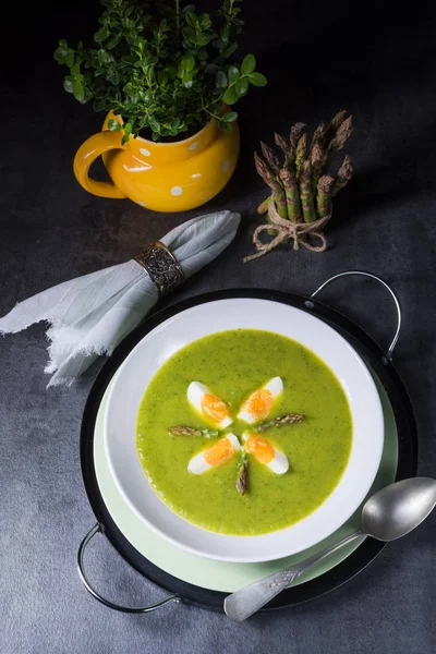 Green wild garlic soup with egg — Stock Image Green Wild Garlic Soup Egg Royalty Free Stock Images