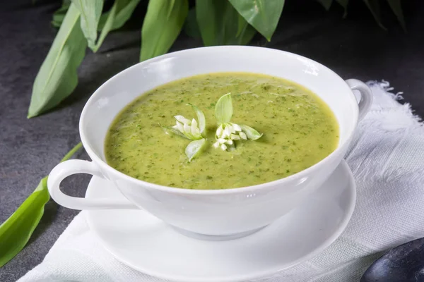 Zupa Zielonych Dziki Czosnek Zdrowy Obiad — Zdjęcie stockowe