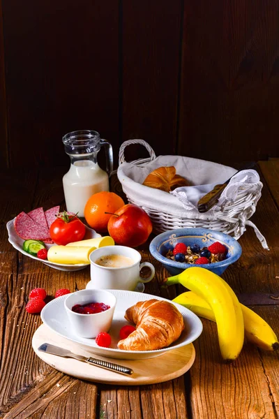 Delicious Breakfast Croissant Fruits Coffee Porridge — Stock Photo, Image