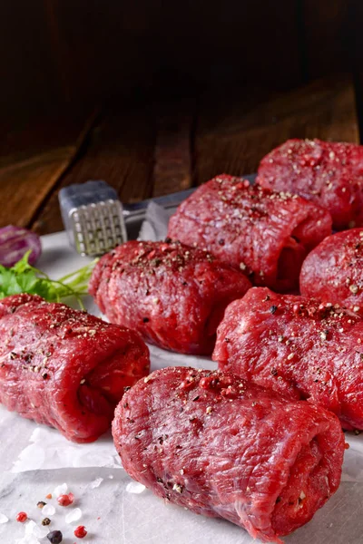 Fresh Raw Beef Roulades Wooden Board — Stock Photo, Image