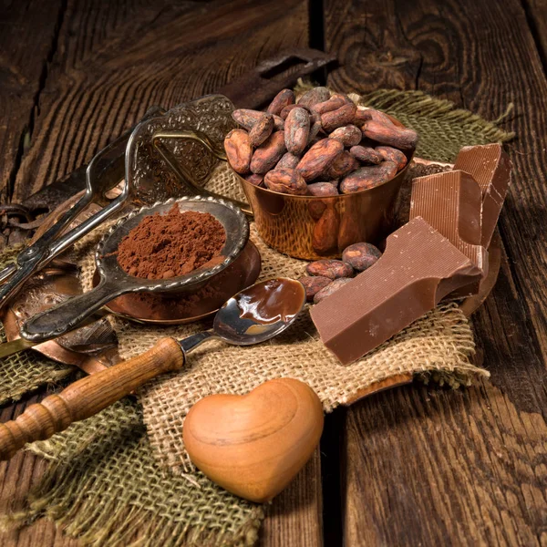 Schokolade Kakao Und Kakaobohnen Zutaten Für Das Dessert — Stockfoto