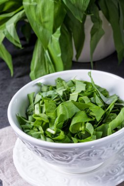 Yabani sarımsak çizgili taze yabani sarımsak pesto için