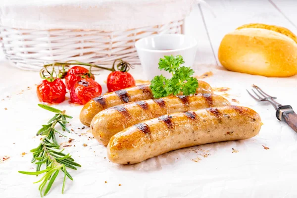 Delicious Grilled Bratwurst Ketchup Herbs — Stock Photo, Image