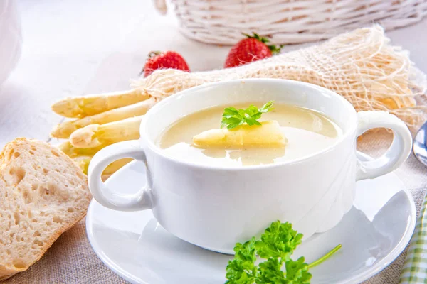 Asparagus Cream Soup Capers Fresh Baguette — Stock Photo, Image