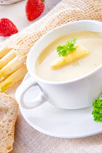 Asparagus Cream Soup Capers Fresh Baguette — Stock Photo, Image