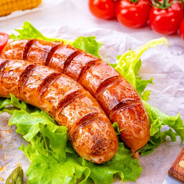 Grilled Krakauer Sausage Boiled Corn Green Salad — Stock Photo, Image