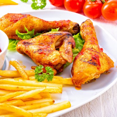 Izgara tavuk kanatlar, bacaklar, cips ve sebze