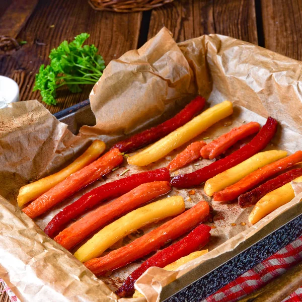 Färgglada Grönsaker Pommes Frites Från Ugnen Hälsosam Kost — Stockfoto