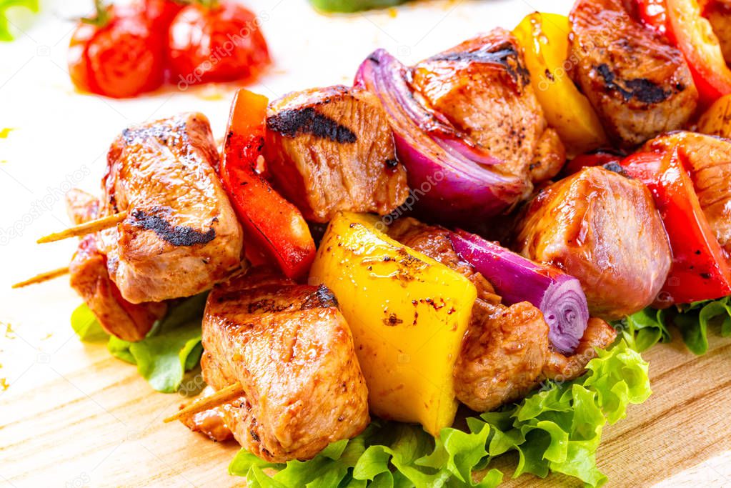 shish kebab skewers with marinated ham meat paprika and red onion