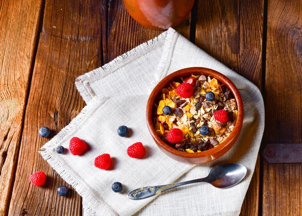 Rustic Muesli Breakfast Fresh Berries — Stock Photo, Image